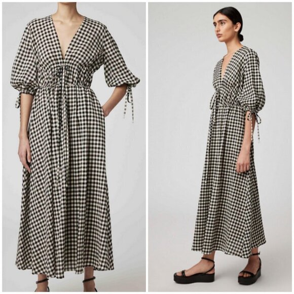 💕ALTUZARRA💕 Donrine Seersucker Gingham Midi Dress ~ Black Ivory 42 EU NWT - Picture 2 of 16
